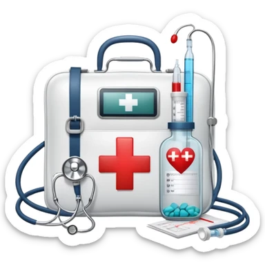 An icon featuring a medical bag with a red cross, a stethoscope, and a syringe, symbolizing medicine. The design includes pills, a heart monitor, and a clipboard with patient notes, representing healthcare, diagnostics, and treatment. Transparent background highlights the science of medicine. sticker