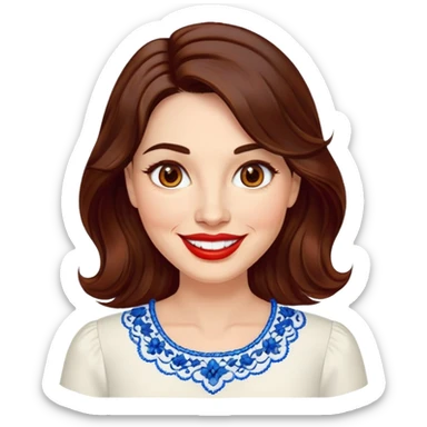 40-year-old woman with luminous fair skin, round face, wide smile, large light brown eyes, vibrant red lips, shoulder-length dark brown wavy hair, wearing white blouse with blue embroidery and electric blue neckline, mature but youthful appearance sticker