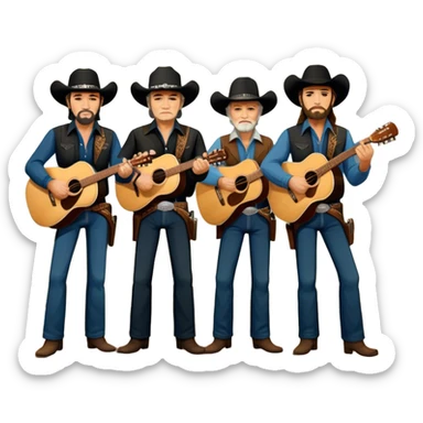 Icon for Country Music: The Highwaymen—Johnny Cash, Willie Nelson, Waylon Jennings, and Kris Kristofferson—standing together with guitars, cowboy hats, and rugged outlaw country aesthetics. Warm tones, western scenery hints, and a transparent background. sticker