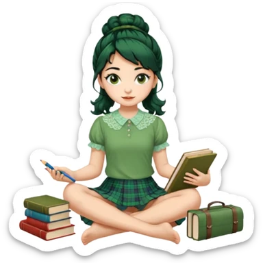 A beautiful girl wears a green lace blouse with short sleeves and a green lace skirt with a plaid pattern. Her long, curly black hair is styled in a messy bun. She holds books and crayons in her hands, and she is barefoot, sitting cross-legged on the floor. The illustration style is pop art. sticker