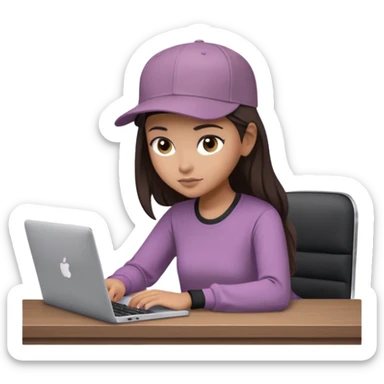 A professional 3D avatar of a young woman with olive skin and long, dark brown hair, wearing a dark, long-sleeved mauve taupe shirt and a black baseball cap. She's sitting at a sleek wooden desk, typing and looking at a silver MacBook.  sticker