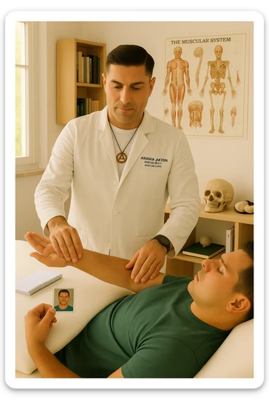 a middle-aged man, dressed in casual professional attire, is in a bright, organized therapy studio. Durante una visita di kinesiologia, il ragazzo tiene con una mano la foto di una persona lontana (il “testimone”) tiene la foto in mano, mentre con l’altra mano esegue un test muscolare su un cliente presente senza foto lui non tiene la foto. Sullo sfondo si vedono libri di kinesiologia, poster anatomici e strumenti tipici della disciplina. L’atmosfera è concentrata e serena, con luce naturale che entra dalla finestra, sottolineando l’aspetto alternativo e umano della pratica. sticker