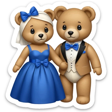 Teddy bear wearing white wedding dress holding the hand to another teddy bear wearing a big royal blue bow tie. The one with the white dress has no bows sticker