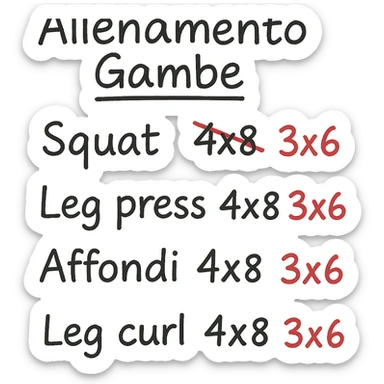 foglio di carta con scheda di allenamento gambe in italiano con volume di allenamento ridotto (fai alcuni esercizi con 4x8 scritti in precedenza sbarrati in rosso e la correzione accanto tipo 3x6), scrivila al meglio che puoi sticker