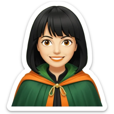 traitor tv show, person wearing green cloak who looks like claudia winkleman orange skin tone and thick black fringe sticker