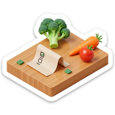 carrot tomato brocoli on the wooden cutting board with floating rolled paper list with checkbox sticker