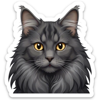 Portrait of a black smoke Maine Coon cat with long grey ear tufts and a large grey ruff around its neck. The cat has a majestic expression, with fluffy fur and striking eyes. Transparent background. sticker