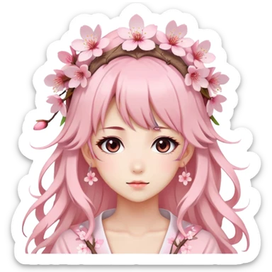 A Gorgeous Beautiful Anime Lady with a Sakura Cherry Blossom Headdress and Pretty Hair, pastelcore sticker