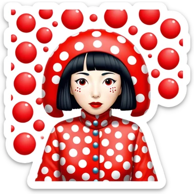 Yayoi Kusama – Cinematic Realistic Portrait of old Japanese artist Yayoi Kusama, depicted as an avant-garde artist with an eccentric, captivating expression surrounded by her iconic polka dot patterns, rendered with vivid textures and imaginative lighting that evokes her unique, surreal creative world. sticker