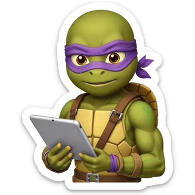 Donatello from Teenage Mutant Ninja Turtles, emoji style, with a tablet showing a hacking screen and a determined look, with a yellow hacking interface sticker