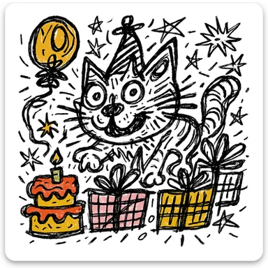 Make the birthday cake more colorful while keeping the chaotic outlined style and all other elements intact sticker