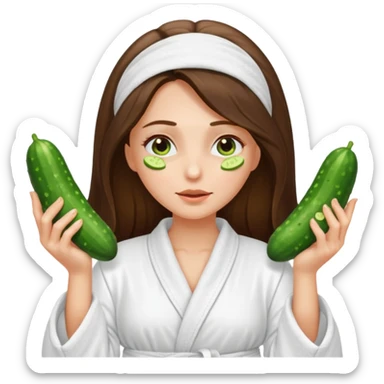 white long brunette hair girl with hazel eyes in a bathrobe with cucumbers covering her eyes sticker