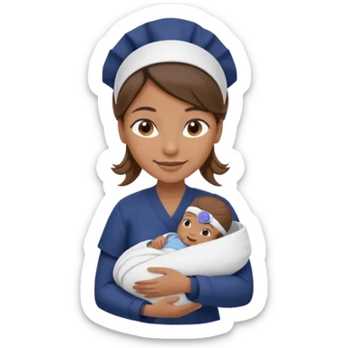 Female nurse smiling with her hair tied up in a roll on the top front of head with medium brown skin and brown eyes holding one new born with navy blue short sleeves sticker