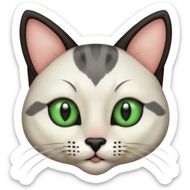 Haz una gata de ojos verdes la cara blanca con mancha negra en las orejas que agarra parte de la frente del lado der pero del iz va desde el ojo hasta la oreja la mancha, tiene la nariz negra en forma de corazón y todo lo que sobra de la cara, barbilla la nariz arriba y el lado de bigotes es blanca sticker