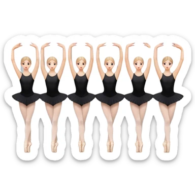 Icon for Choreography: a group of dancers in identical poses, standing by a wall with all wall long mirror, holding a long barre with one hand. The icon should capture the discipline and synchronized movement of dance training. Transparent background. sticker