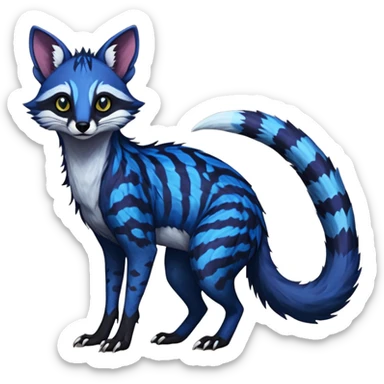 Feral Rare Fantasy scaly evil spooky vibrant dark shady shaded detailed deep-dark-cobalt-blue-gradients-colored colorful Vernid-Sergal-Genet-Trico-Fox-Civet-Cacomistle-species by LiLaiRa, with dark-blackish points, white belly, random markings, tufted tail, tufted ears, full body sticker