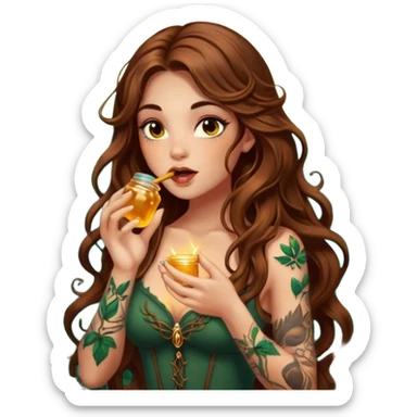 woman with long wavy brown hair, tattoos, forest mystic outfit, licking glowing honey from fingertip, flirty eyes sticker