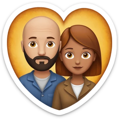 Couple. Bald man with dark brown-black beard. Woman with many small, faded freckles, white skin and she has auburn-yellow-brown-caramel-cinnamon dark hair. She has light yellow-brown eyes. The man have hazel eyes. They are inside a big heart. sticker