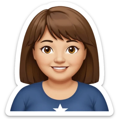middle aged overweight woman with tan skin, black star next to left eye, long brown hair with bangs, brown eyes, smiling, white t-shirt sticker