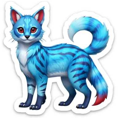 Cute kawaii cool edgy badass  vibrant cyan-cobalt-blue-to-crimson-red gradient-colored iridescent glossy fur  fantasy-caracal-civet-genet-sergal-vernid-Gryphon-Cacomistle-Trico-oncilla-animal-Fakémon-hybrid-fursona (full body), facial markings, (realism style) sticker