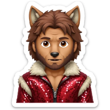 The Wolf Man with tan skin brown hair and fur, dark red sequin outfit sticker