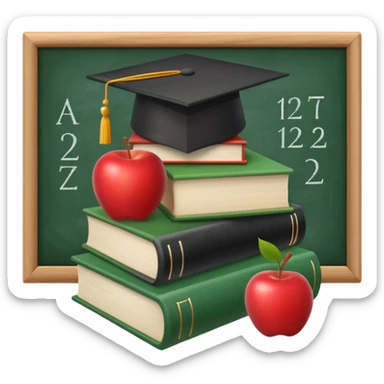 An icon featuring a chalkboard with educational equations, an apple, and a pencil, symbolizing pedagogy. The design includes a stack of books and a graduation cap, representing teaching and learning. Transparent background highlights the dedication to education and mentorship. sticker