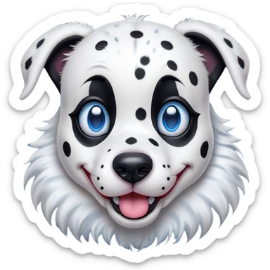 Cinematic Comical Harlequin Dalmatian Portrait Emoji, Head tilted dramatically with an exaggeratedly shocked or amused expression, featuring a striking Fur of predominantly white with vivid black patches, wide, expressive blue eyes filled with playful disbelief, Simplified yet hilariously expressive features, highly detailed, glowing with a slightly sassy glow, high shine, dramatic yet playful, stylized with an air of cheeky charm, bright and endearing, soft glowing outline, capturing the essence of a spirited and over-the-top guardian, so meme-worthy it feels like it could side-eye its way into internet fame instantly! sticker