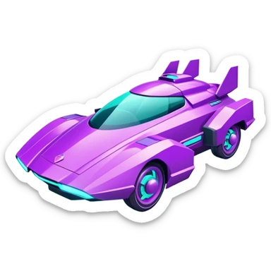Futuristic retro hover car with sharp angular design and glowing purple wheels, flat vector style, minimal color palette with purple and teal accents sticker