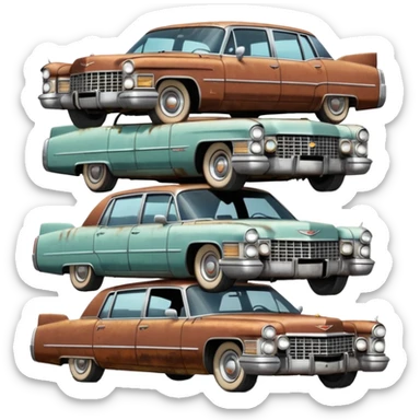 Cinematic realistic ultra HD - old abandoned Cadillac cars stacked in a pile sticker