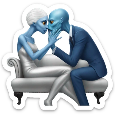 A reptilian alien woman in silver dress kissing human man in blue dress, on sofa sticker