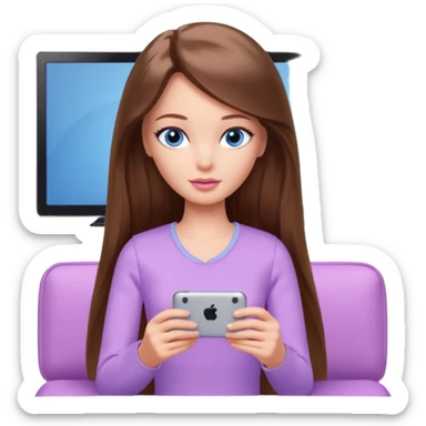 beautiful barbie girl with long brown hair, blue eyes and wearing light purple clothes watching netflix on tv sticker