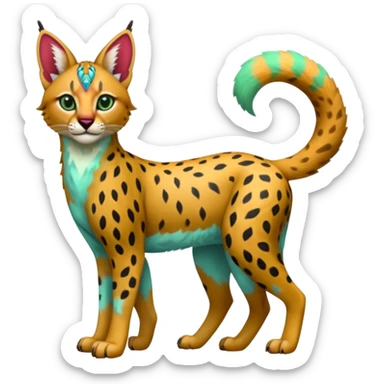 Colorful bluish cute adorable tropical exotic fruity kiwi-green lemony rosy neon-red Caracal-Cheetah-Serval-Snow-Leopard-Trico-Sergal-Vernid-fusion-hybrid-animal-creature, full body, with tribal markings sticker