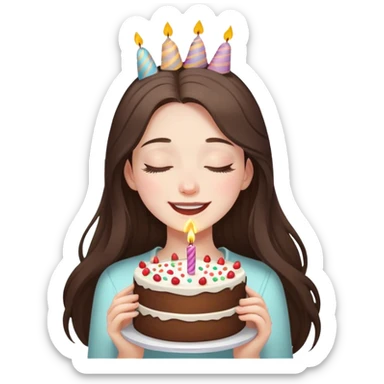 happy beautiful pale brunette girl with long eyes closed hair holding a piece of birthday cake  sticker
