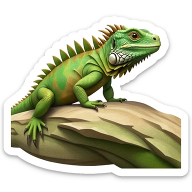 cinematic-iguana-realistic-full-body-basking-emoji,-long-scaly-body-stretched-out,-spiny-ridge-running-down-its-back,-textured-green-and-brown-skin-dappled-with-light,-sharp-intelligent-eyes-studying-the-surroundings sticker