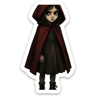 Scarlet, the main character from Grimm Variations episode 2 (Little Red Riding Hood), a young girl with a red hooded cloak, inspired by dark fairy tale aesthetics, expressive and mysterious sticker