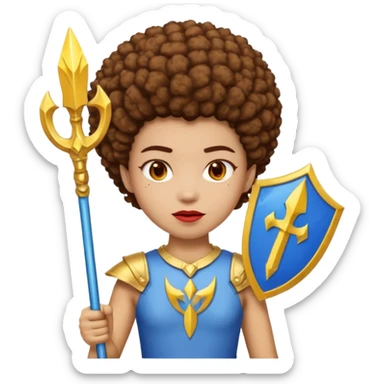 Emoji metisse femboy mais plus masculin avec drapeau ukrainien arriere plan, un afro, sourcils rouge, fourche trident, et eclairs et sur fond bleu clair irrisé. Peau lightskin, yeux marron et cheveux marron bouclés mais en mode afro pixi cut sticker