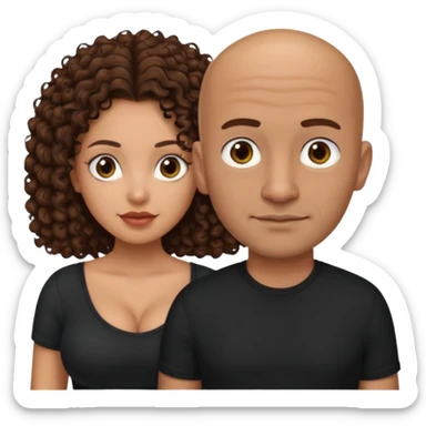 A mixed girl with small eyes, the girl is wearing a black shirt, the girl has brown curly hair and the girl has big boobs. A Mexican man is embracing her, with bald hair and clean shaven sticker