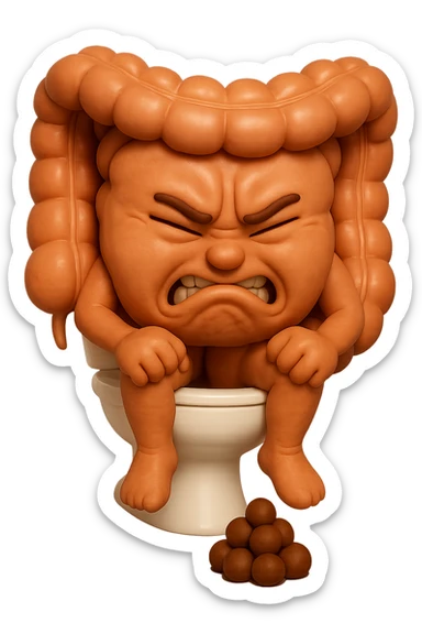 SU QUESTO STILE FAI UN EMOJI STILE IPHONE 3D DI UN INTESTINO CHE sta seduto sul wc e davanti ha una montagnetta di feci a palline stile emoji iphone, fallo senza naso e FAGLI UN ESPRESSIONE di dolore mentre si sforza E FALLO MOLTO REALISTICO IN 3D sticker