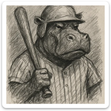 hippo holding a baseball bat, wearing a yellow helmet, pinstripes outfit sticker