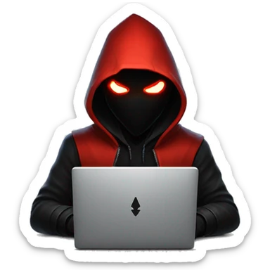 developer behind his laptop with this style : Riot Games Valorant black red glowing bright red character red black hooded assassin themed character sticker