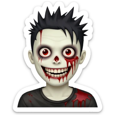 zombie boy with emo spiky hair, white skin, and white eyes; an open smile, and bloodied teeth; sticker