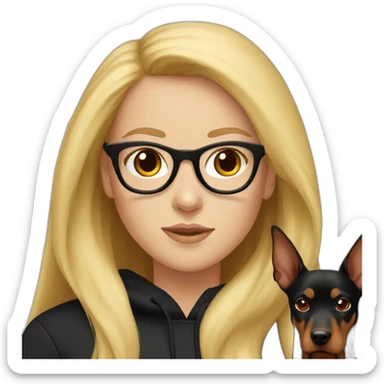 white girl with glasses and long blonde hair and black hoodie and a red doberman sticker