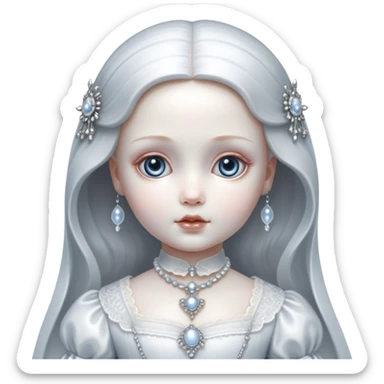 Cinematic, sitting, Ultra realistic 32k HD, hauntingly beautiful porcelain doll, Balanced features, highly detailed, glowing with silver light, high shine, remembrance, a painting of white silver, fanciful, enchanting, ghostly. The image is so lifelike it could leap off the canvas at any moment sticker