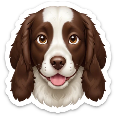 Cinematic Comical Springer Spaniel Portrait Emoji, Head tilted dramatically with an exaggeratedly amused expression, featuring a striking liver and white Fur with dynamic patterns, wide, expressive brown eyes filled with playful disbelief, Simplified yet hilariously expressive features, highly detailed, glowing with a slightly sassy glow, high shine, dramatic yet playful, stylized with an air of cheeky mischief, bright and endearing, soft glowing outline, capturing the essence of a spirited and over-the-top companion, so meme-worthy it feels like it could side-eye its way into internet fame instantly! sticker
