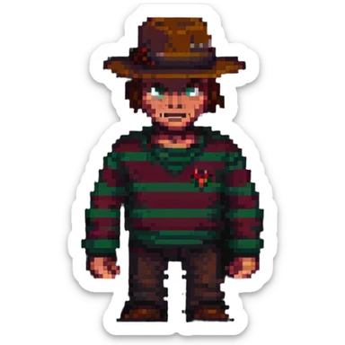 Freddy Krueger in pixel art style, menacing pose, classic striped sweater sticker
