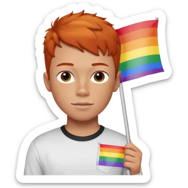 A gay, ginger, young, freckled, boy with a shirt with the name JUDE on it in red marker, holding a pride flag sticker