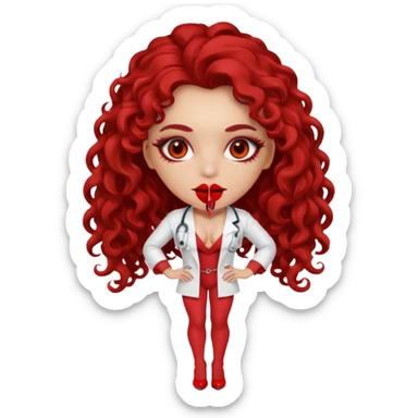 Sensual Spanish Lilith core evil surgeon.red outfit.  Surgeon has red eyes. Her hair is BROWN. Hair is also  long and  curly. wearing a sexy surgeon outfit with platform heels.she is a calculated smart cereal killer. She covers only her mouth and nose to hide identity  sticker