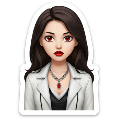 brunette with very long hair in black cuir jacket with red lips and very dark brown eyes and white shirt and mysterious necklace without piercing with evil eyes sticker