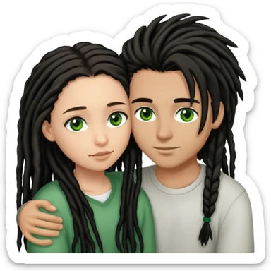 couple holding eachother. boy is light skinned, short brown dreads, and green eyes.girl is light skinned, long black hair straight, and brown eyes. sticker