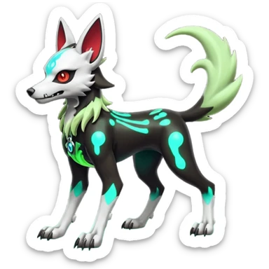 Hyper realistic demonic slim skeletal black and neon green futuristic shiny colorful bioluminescent cyber-Poochyena-Lycanroc-Zorua-Litten-Houndoom-Fakémon-Pokémon-Digimon-hybrid-fusion (full body) with a skull face sticker